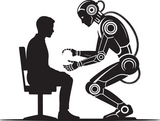 Silhouette of a man sitting and a robot reaching out android human