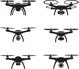 Six black silhouette icons of quadcopter drones with cameras vector