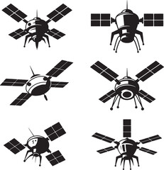 Six black silhouette satellite icons with solar panels and legs space technology