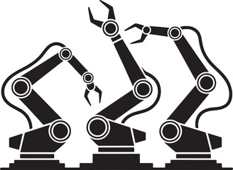 Three black robotic arms with claws extended on a white background industrial robot automation
