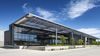 Fototapeta premium Exterior shot of a modern facility with solar panels, housing Oishii's vertical farm