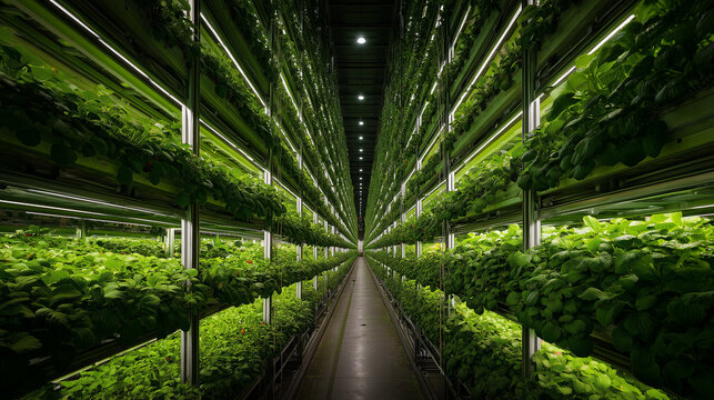 Wide-angle shot of the innovative indoor vertical farm growing Oishii strawberries