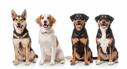 Four dogs of different breeds sitting on a white background.