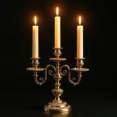 Decorative golden candelabrum with three lit wax candles sits on dark background. Warm light glows from flames, creating cozy, elegant atmosphere. Antique metal object perfect for ceremonies, special
