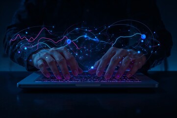 Fingers typing on illuminated keyboard with financial network data overlay, cybersecurity