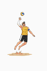 Male volleyball player jumping to serve on sandy beach background  