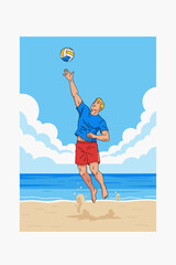 Young man jumping to serve volleyball on the beach under blue sky  