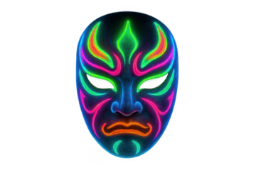 Glowing neon psychedelic kabuki mask on transparent background