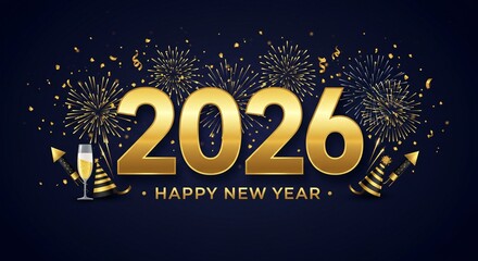2026 Happy New Year vector banner with golden fireworks, sparkling confetti, and glowing metallic numbers on a deep blue background