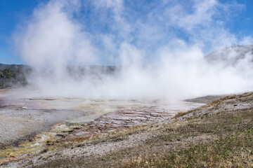 Excelsior Geyser Crater, Midway Geyser Basin Trail. Yellowstone National Park , Wyoming. Hydrothermal System. Extremophile. hot-spring deposits

