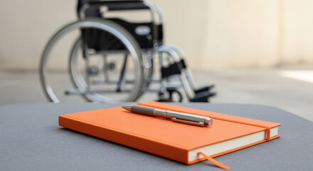 notebook with a pen on a gray surface, with a wheelchair in the background