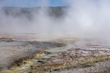 Excelsior Geyser Crater, Midway Geyser Basin Trail. Yellowstone National Park , Wyoming. Hydrothermal System. Extremophile. hot-spring deposits

