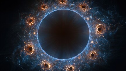 Digital rendering of a dark, central void encircled by ten luminous, orange-and-blue swirling vortexes