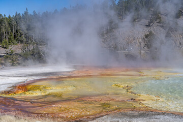 Excelsior Geyser Crater, Midway Geyser Basin Trail. Yellowstone National Park , Wyoming. Hydrothermal System.  Extremophile. hot-spring deposits

