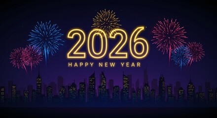 2026 Happy New Year vector banner with colorful fireworks above modern city skyline silhouette