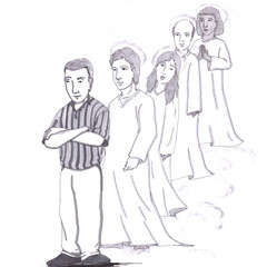 Adult Man with Arms Folded Standing in Front of Four Angels with Halos