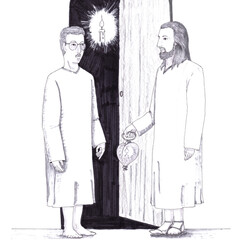 Two Men Standing Outside a Doorway of a Dark Room with a Candlelight