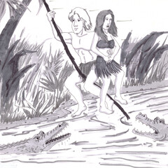 Man Holding a Woman While Swinging on a Vine Past Crocodiles in Water