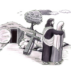 Parents Walking Past Tomb Where Son is and Crucifixion Cross on Ground