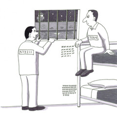 Two Men in Jail Looking Outside, One Looking Up and One Looking Down