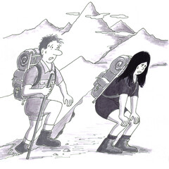 A Man and Woman Hiking with Backpacks Up a Mountain Rest at a Plateau