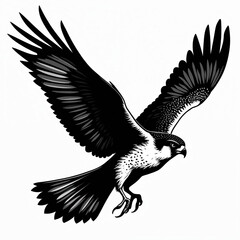 Fototapeta premium Black and white illustration of a kestrel bird in mid-flight, wings spread wide with detailed feathers. The avian predator has sharp talons and a focused gaze.