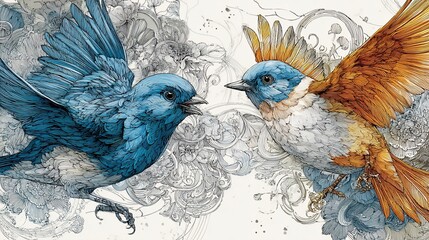 Two detailed birds (blue and orange) face each other over swirling floral clouds