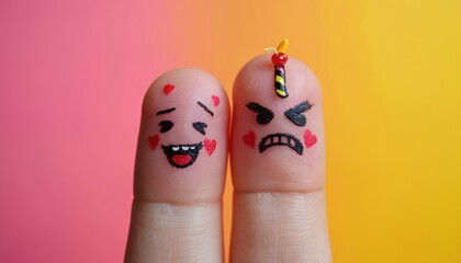 Two fingers with drawn faces show emotions happy and angry. One finger has smiling face with hearts, other shows rage. Conceptual art on pink yellow gradient.
