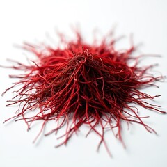 Naklejka premium Close-up view of bright red saffron threads. This luxurious spice is isolated on a clean white surface, highlighting its delicate texture and vibrant color.