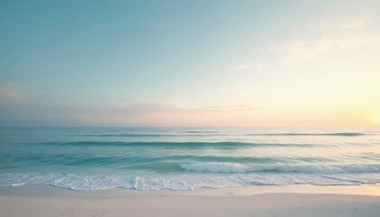 Naklejka premium Gentle ocean waves meet a soft sand beach at dawn. The calm sea reflects pastel sky colors. Wide seascape panorama shows tranquil coastal morning.