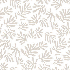Vector seamless pattern with organic leaves. Delicate botanical background with tropical foliage, branches, plants. Subtle natural ornament texture. Beige and white repeated decorative design