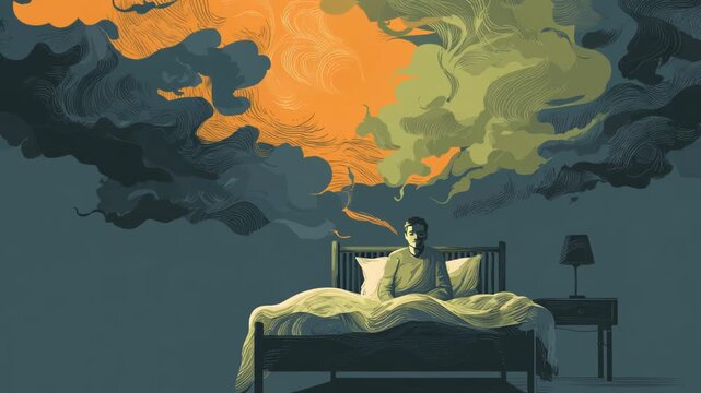 Mental health visualization video, dark line art of man with threatening abstract elements above bedroom scene