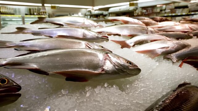 Rows of fresh fish displayed on crushed ice at a busy seafood market. Their shiny silver scales and cool setting highlight quality, freshness, and a vibrant culinary scene.