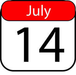 Bold July 14th calendar date displayed with vibrant red header and clear white background, perfect for event planning and scheduling needs.