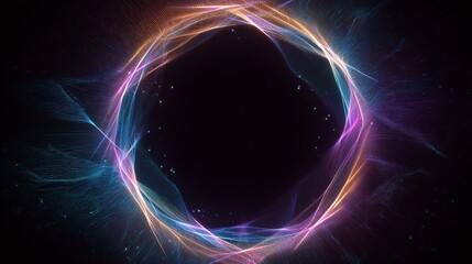 Abstract visualization of an iridescent, energy-based vortex against a dark background. Glowing lines form a ring