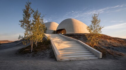 Two dome structures on hill with stairs, bathed in soft evening sunlight