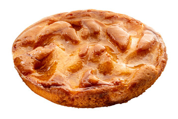 Apricot sponge pie covered with apricot jelly, whole cake isolated