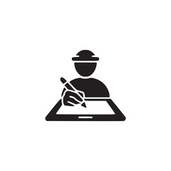 Vector art of a construction worker is using a digital tablet for design and planning, showcasing technology in the industry a symbol of progress