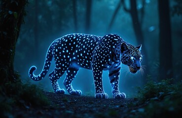 Glowing jaguar walks in rainforest at dusk. Wild cat hunts at night in nature. Exotic animal with blue light spots prowls wild. Mystical powerful predator in tropical jungle.