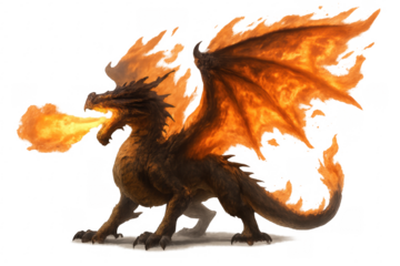 Dragon breathing fire with burning wings on transparent background