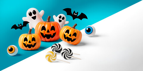 Halloween Scene Featuring Pumpkins, Ghosts, Bats, Eyeballs, and Lollipops on a Split Blue and White Background