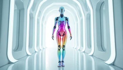 Futuristic robot with rainbow colors stands in modern bright white hallway. Android displays LGBTQ pride colors in sci-fi corridor. Technology advances diversity and equality.