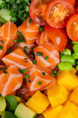 Poke bowl with salmon, avocado, mango and vegetables

Japanese sushi bowl with salmon cubes and fresh ingredients

Colorful poke bowl with salmon and vegetables
