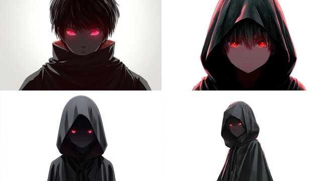 Four anime-style illustrations of figures with glowing red eyes, wearing dark cloaks and hoods against a white background