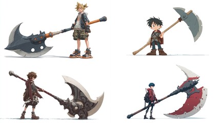 Four anime-style characters, each holding a large battle axe, with varied clothing and poses, set against white