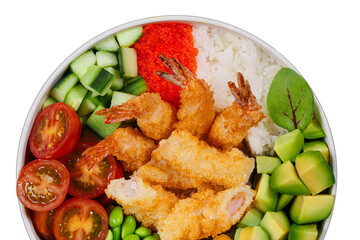 Fototapeta premium Poke bowl with shrimp tempura, avocado, mango and riceJapanese sushi bowl with tempura shrimp, fish roe and vegetablesColorful poke bowl with shrimp tempura and fresh ingredients 