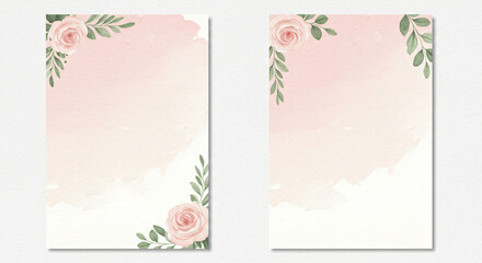 Watercolor pink rose bloom floral border frame and green leaf design blank invitation template for wedding, Mother Day, Valentine Day, Women Day.