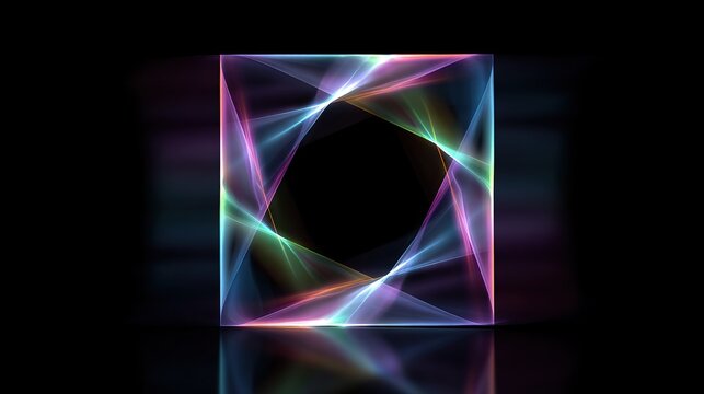 A neon-lit cube frame with inner geometric shapes in radiant colors set against a dark reflective backdrop - Powered by Adobe