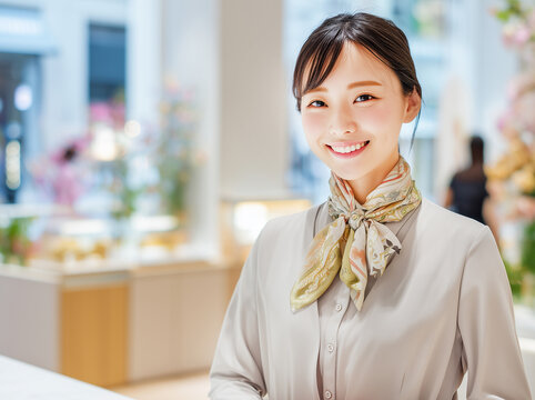 百貨店売り場で明るい笑顔で挨拶をする、日本人女性スタッフ