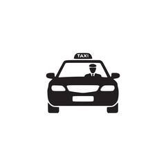 Vector art of taxi cab with driver front view of a black silhouette of a taxi car with a driver transportation service and urban transport